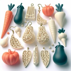 Pendientes impresos en 3D en proceso de fabricación, mostrando detalles intrincados y personalización