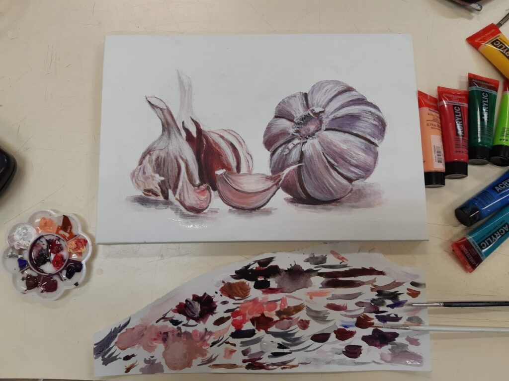 Cuadro en pintura acrílica de ajos pintados a mano