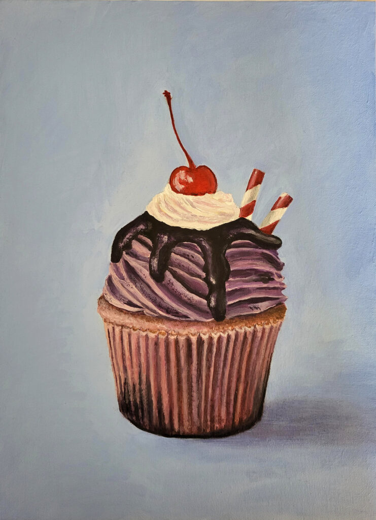 Pintura acrílica de un cupcake con cereza y crema. Cuadro en pintura acrílica de cupcake pintado a mano
