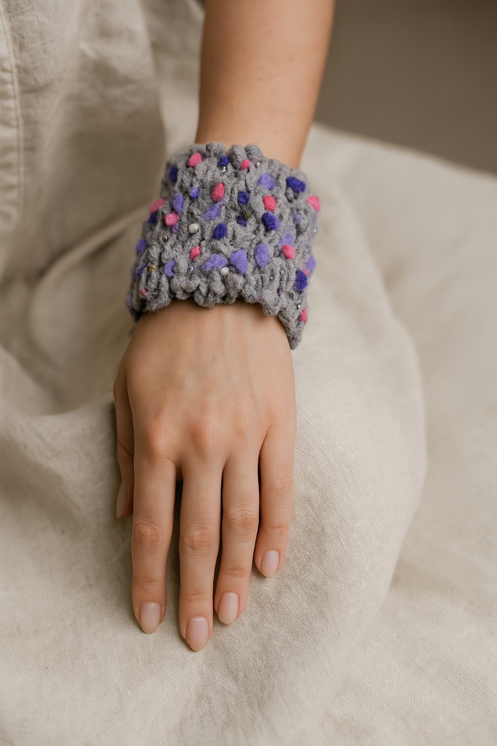 Brazalete tejido gris decorado con bolitas de fieltro de colores.